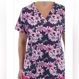 Maevn Botanic Beauties Print V-Neck‎ Scrub Top